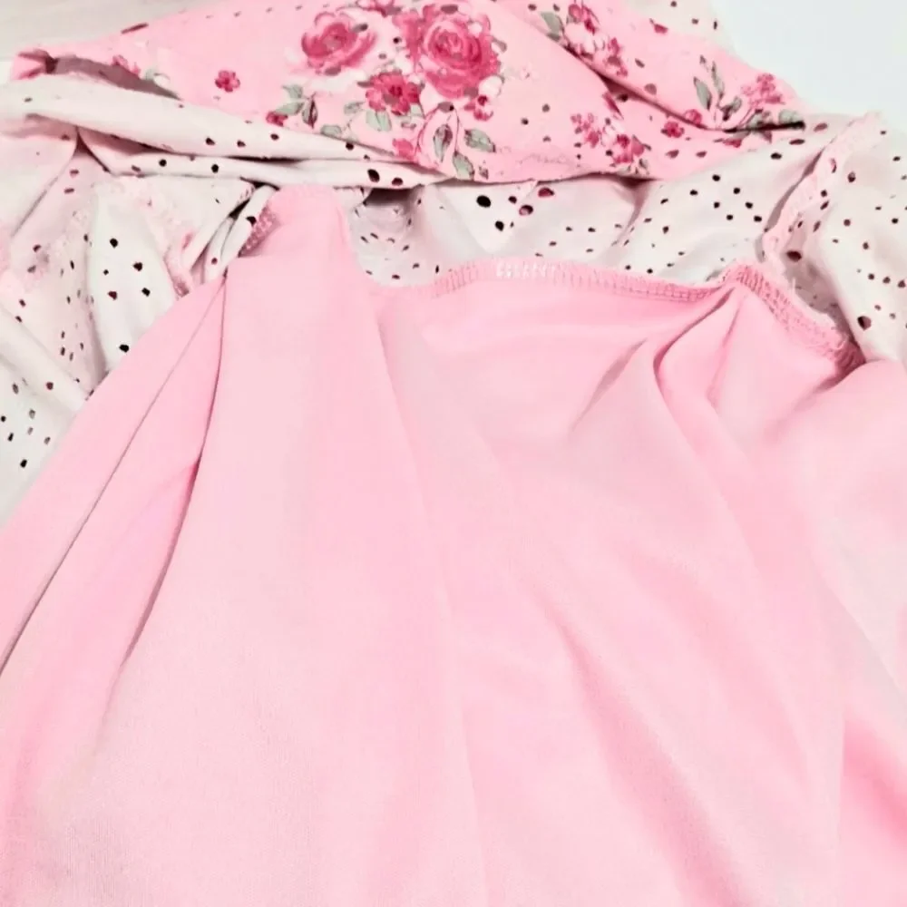 Girls Pink Ruched Tiered Sundress Off-Shoulder Eyelet Built In Slip EUC